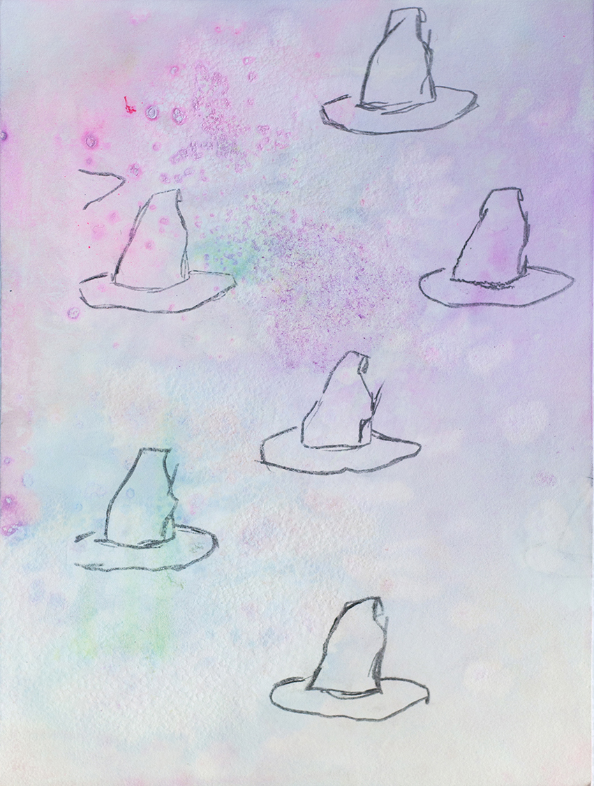 Woden's Hat(s) — Pencil on paper dyed with sugar soap, sea salt, Fairy Liquid, water, teflon bicycle lubricant, clothes softener, ink, acrylic paint, wood glue and turmeric, 23 cm x 30 cm, 2018. 